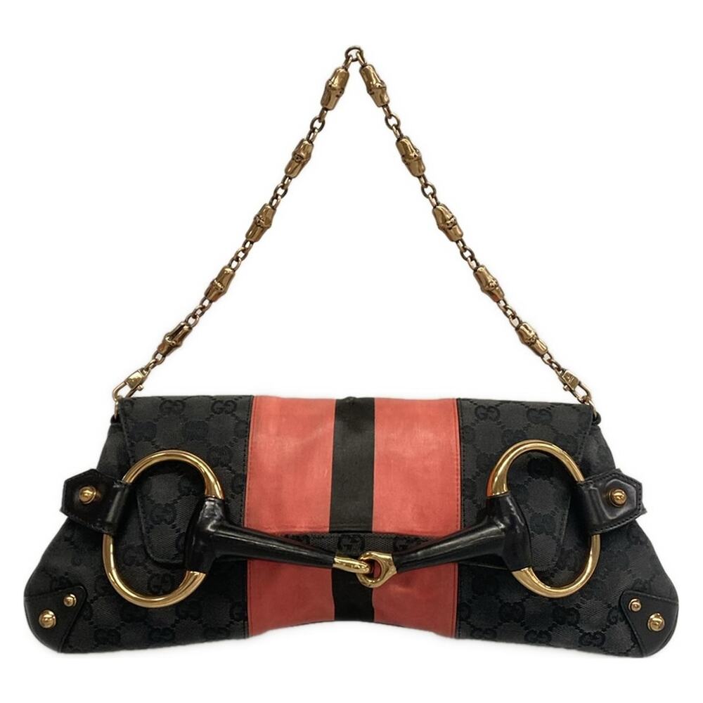 Gucci GG/Horsebit Handbag 129698 Black Pink Jacquard Satin Leather